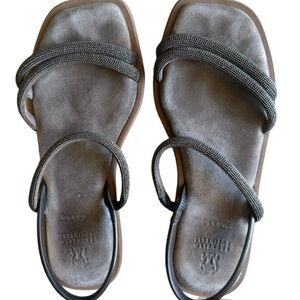BRUNELLO CUCINELLI Monili-Trimmed Suede Slingback Sandals in Dark Grey Size 38